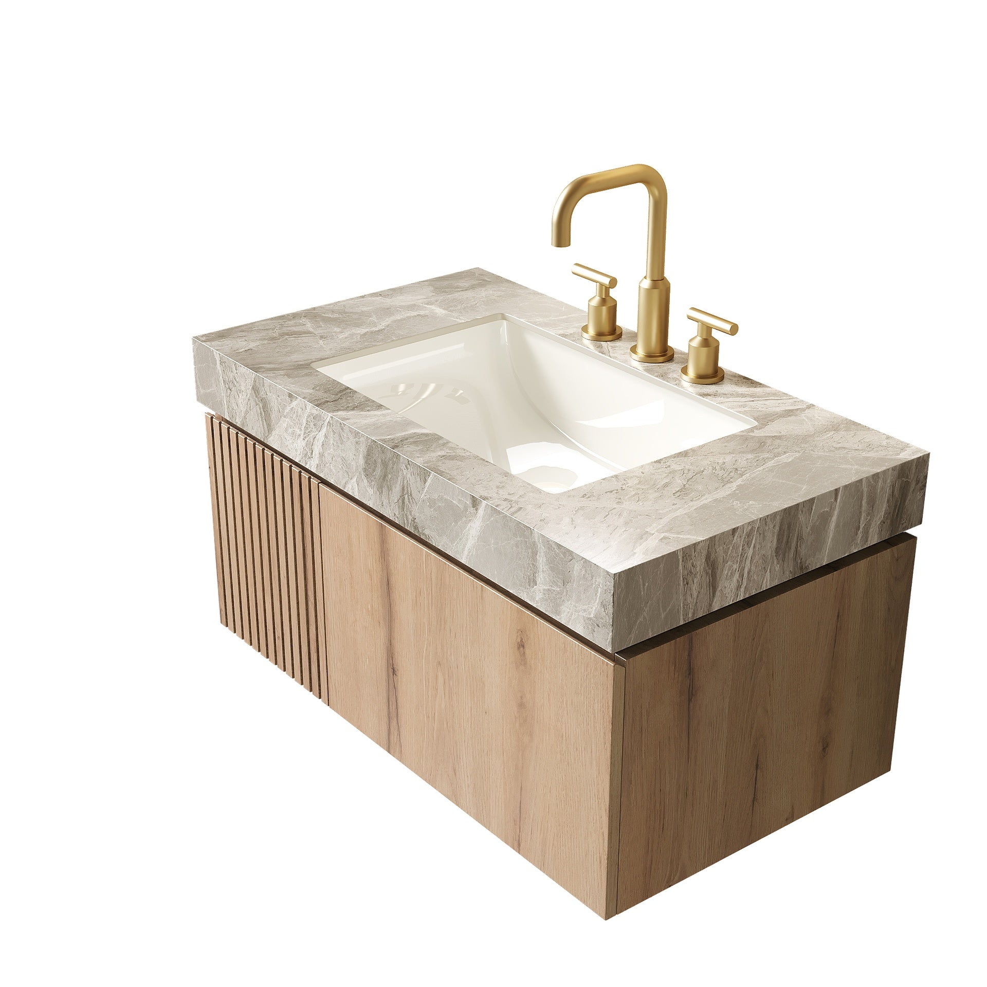 36" MURI Light Gray Sintered Stone Countertop and Undermount Ceramic Basin with Three Standard Pre-drilled Faucet Holes, NO Cabinet, NO Faucet and Sink Cover