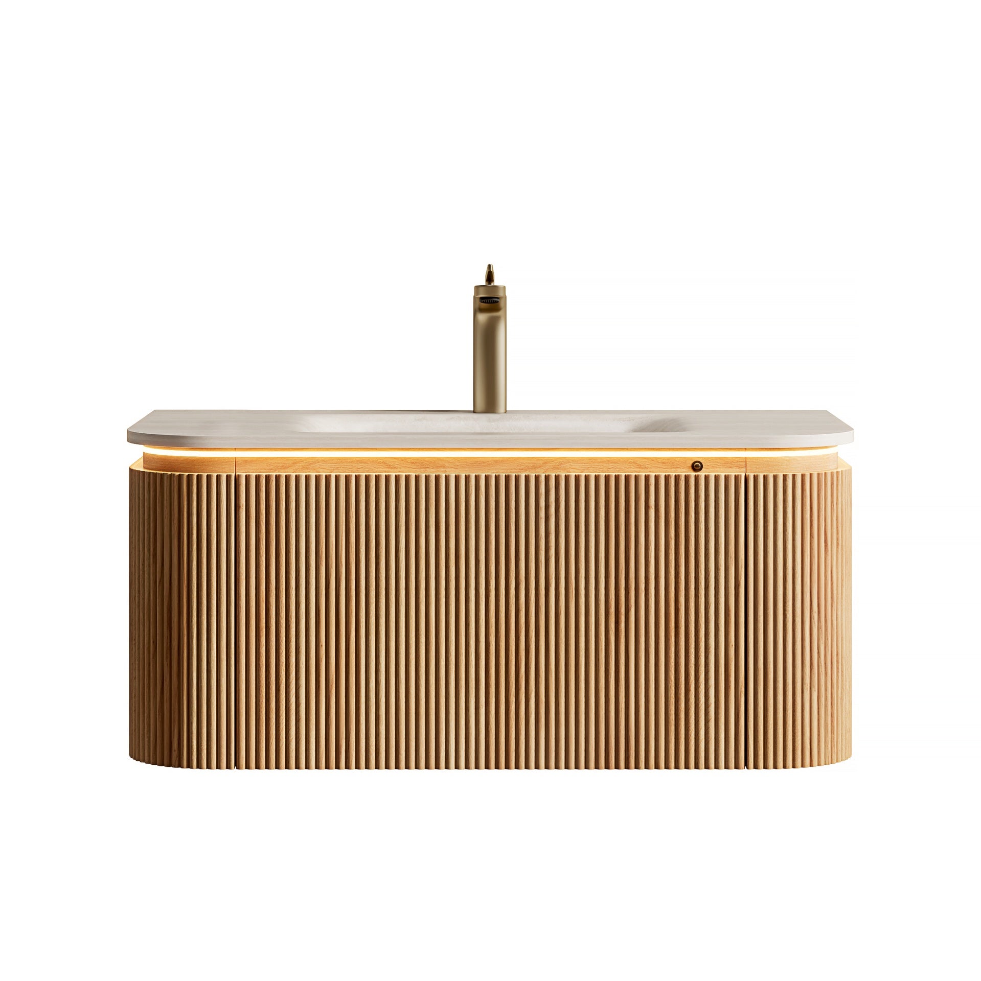 DIEN 36'' Bathroom Vanity&Sink, Floating Curved Edges Striped Cabinet with Drawer, Sensor Light, Travertine-Pattern Sintered Stone Hot-bent Integrated Basin, Pre-assembled, Natural Woodgrain Color