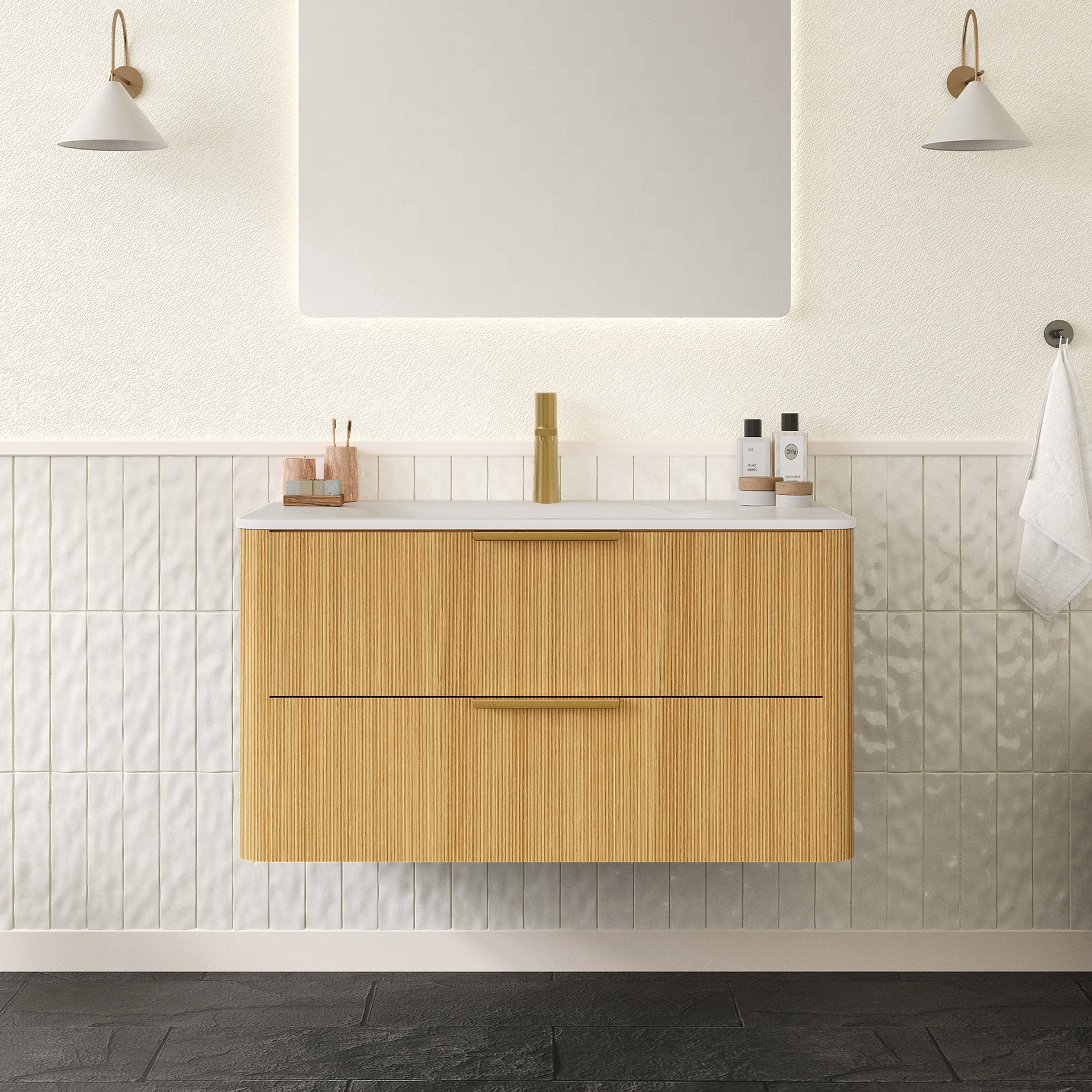 ZANE 36" Bathroom Vanity with Sink, Floating Ultra-Pinstriped Plywood Storage Cabinet with Drawers, Carrara White Sintered Stone Hot-bent Integrated Basin, Pre-assembled, Light Natural Woodgrain Color