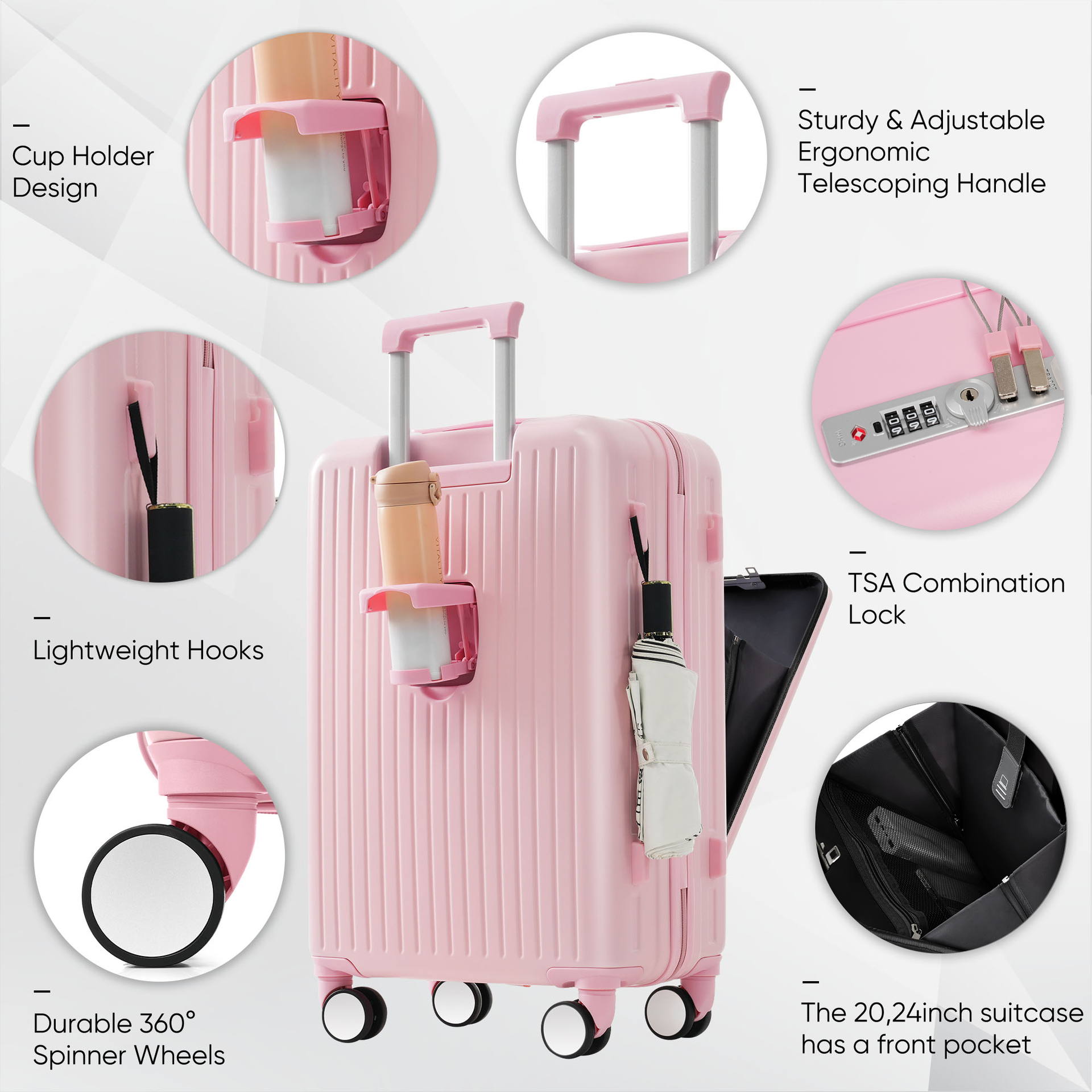 Front Opening 20-Inch Carry-On Luggage with Expandable Travel Bag Set, ABS Hard Shell Two-piece suitcase set with USB Port , Cup Holder, pink