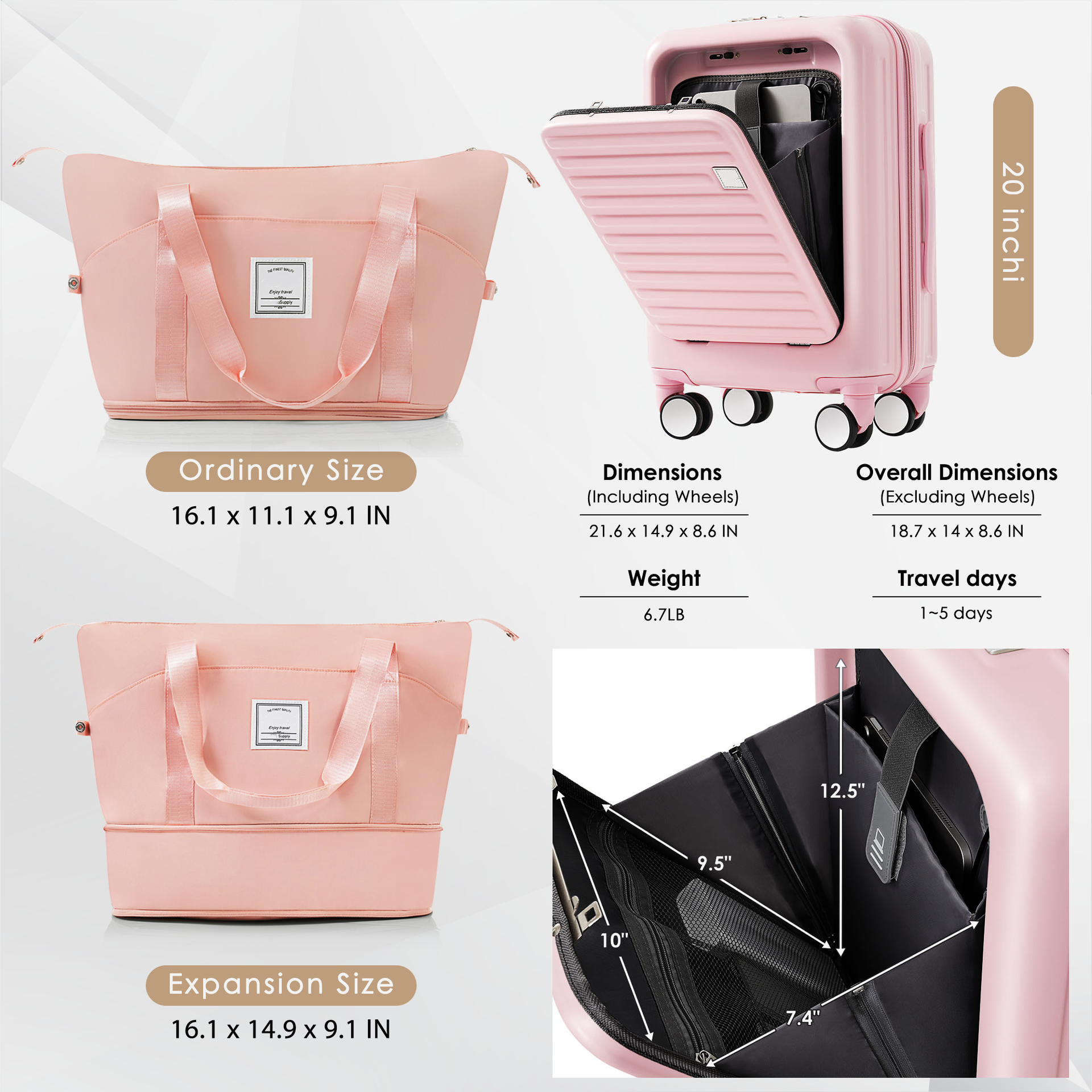 Front Opening 20-Inch Carry-On Luggage with Expandable Travel Bag Set, ABS Hard Shell Two-piece suitcase set with USB Port , Cup Holder, pink