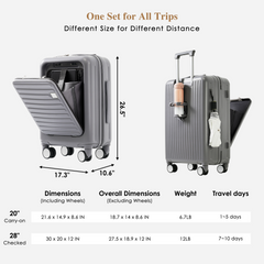 4-Piece Luggage Set with USB Charging Ports - 20in Carry-On (Front-Opening for Laptop) 28in Checked Suitcase with TSA Lock Travel Duffel Bag Wet-Dry Toiletry Bag, grey blue