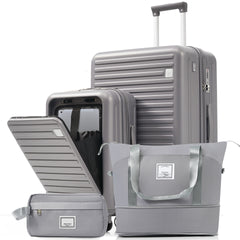 4-Piece Luggage Set with USB Charging Ports - 20in Carry-On (Front-Opening for Laptop) 28in Checked Suitcase with TSA Lock Travel Duffel Bag Wet-Dry Toiletry Bag, grey blue