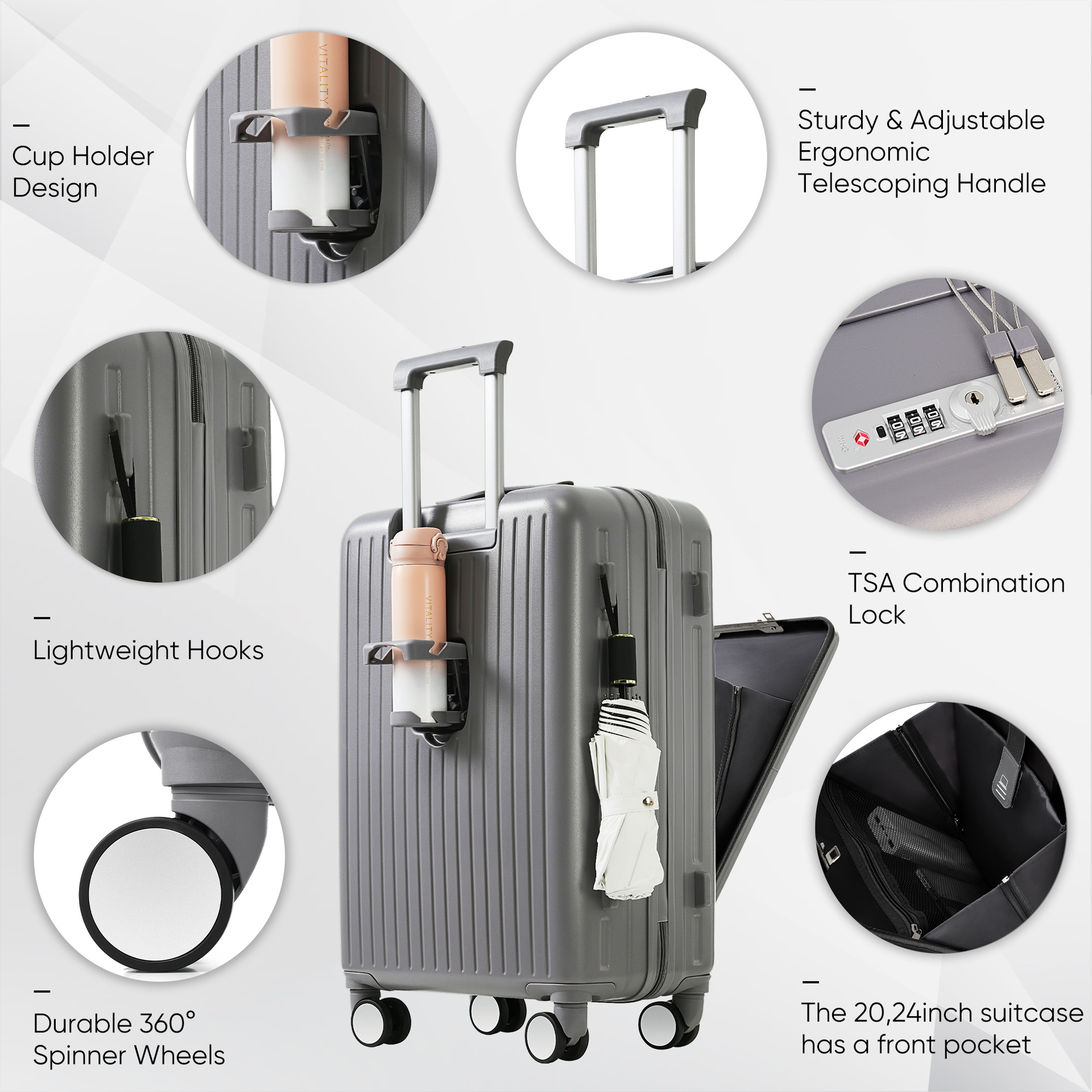 4-Piece Luggage Set with USB Charging Ports - 20in Carry-On (Front-Opening for Laptop) 28in Checked Suitcase with TSA Lock Travel Duffel Bag Wet-Dry Toiletry Bag, grey blue