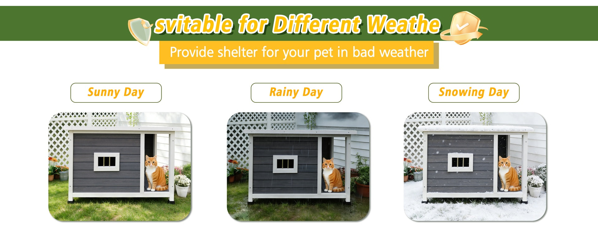 Outdoor Gray Cat House with Waterproof Roof, Ventilated Windows, and Sturdy Metal Support – Spacious & Stylish Pet Shelter for Cats