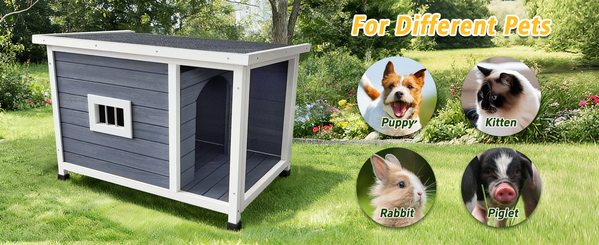 Outdoor Gray Cat House with Waterproof Roof, Ventilated Windows, and Sturdy Metal Support – Spacious & Stylish Pet Shelter for Cats