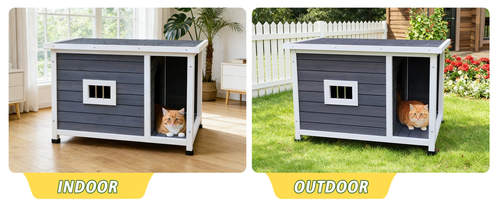 Outdoor Gray Cat House with Waterproof Roof, Ventilated Windows, and Sturdy Metal Support – Spacious & Stylish Pet Shelter for Cats