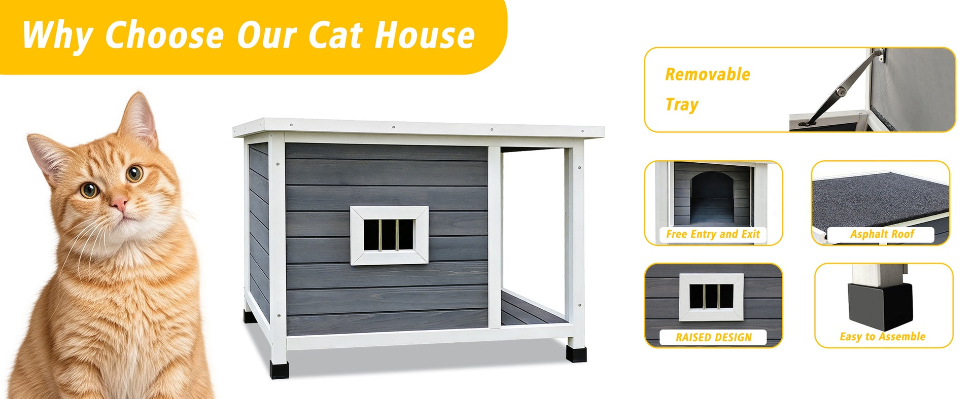Outdoor Gray Cat House with Waterproof Roof, Ventilated Windows, and Sturdy Metal Support – Spacious & Stylish Pet Shelter for Cats