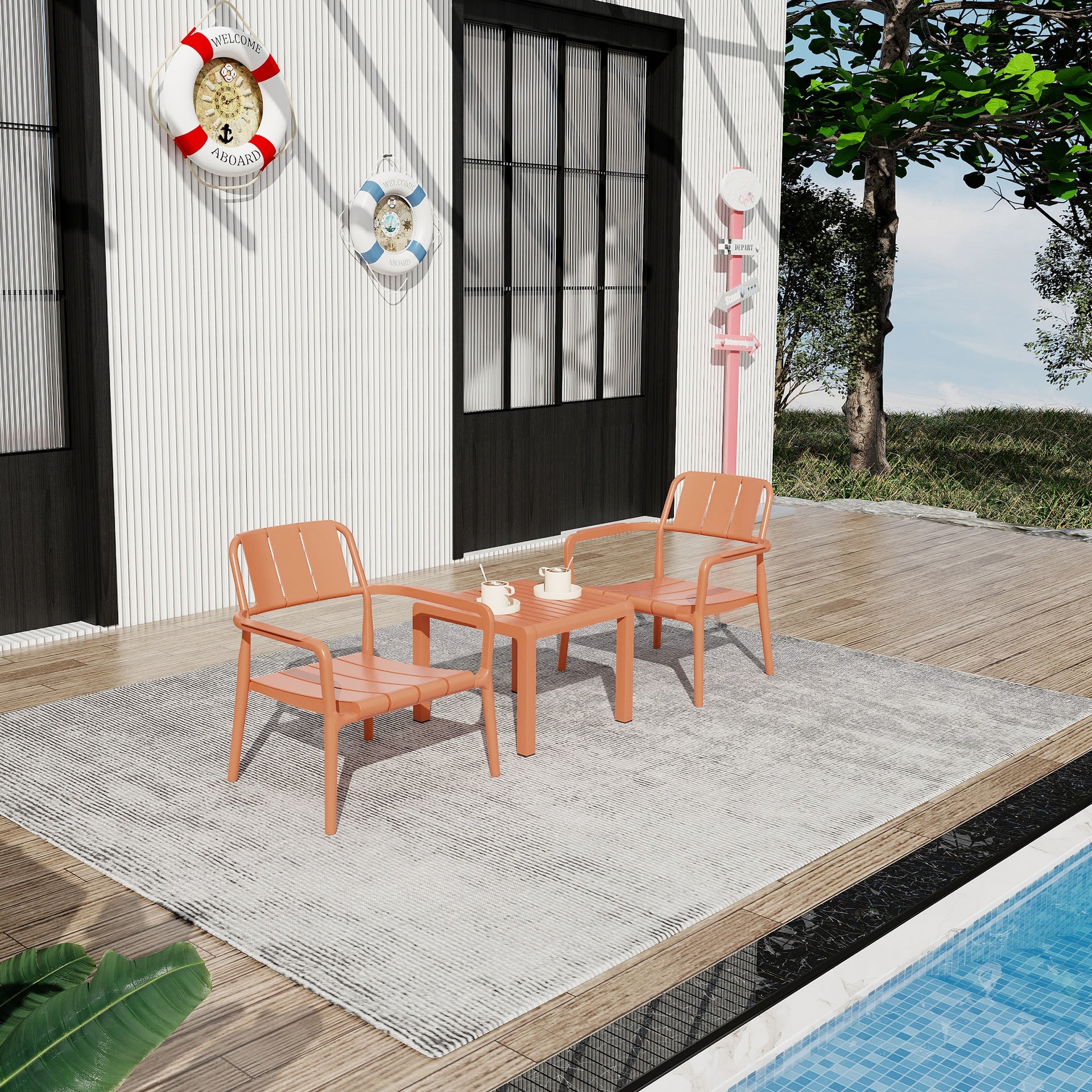 Holiday- 2-Piece PP Single-Seater Chairs + Coffee Table Set – Indoor/Outdoor Multi-Purpose Furniture for Living Room,Balcony,Beach (No Assembly Chairs, Easy Setup Table) – Polypropylene, Apricot Brown