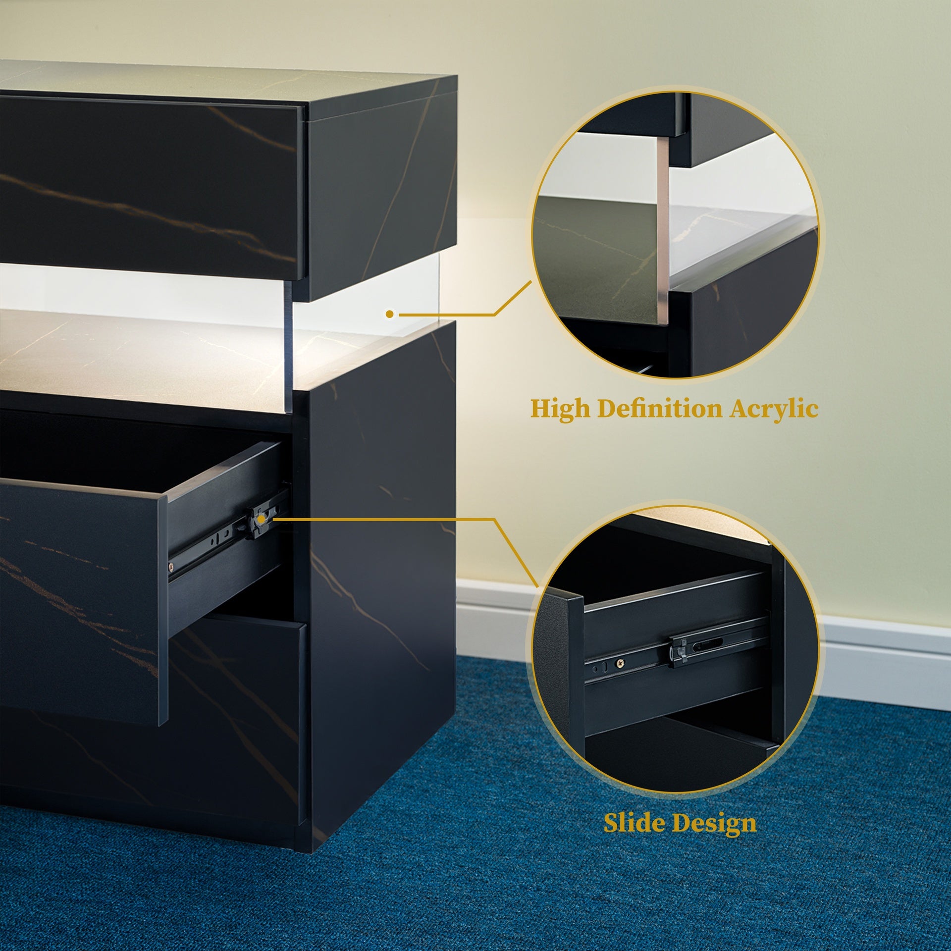 LED Nightstands 3 Drawer Dresser for Bedroom End Table with Acrylic Board LED Bedside Tables for Bedroom Living Room Bedside Furniture (Black+Gold)