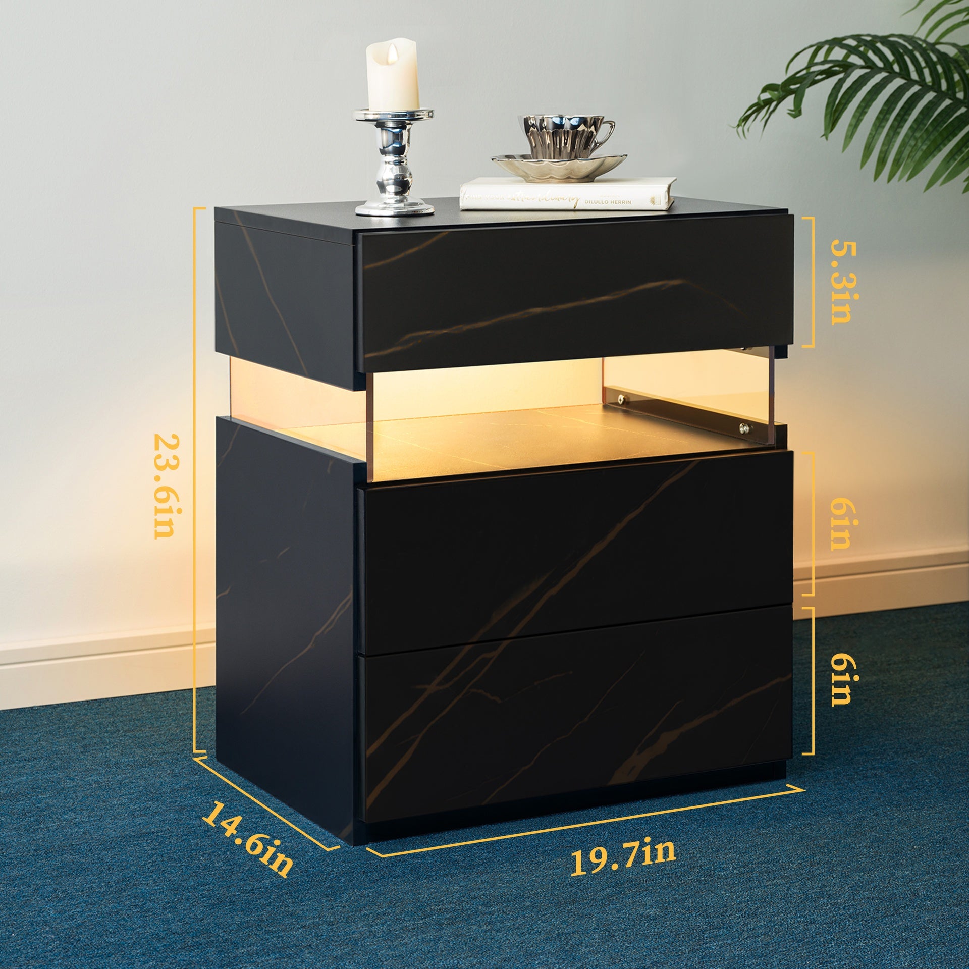 LED Nightstands 3 Drawer Dresser for Bedroom End Table with Acrylic Board LED Bedside Tables for Bedroom Living Room Bedside Furniture (Black+Gold)
