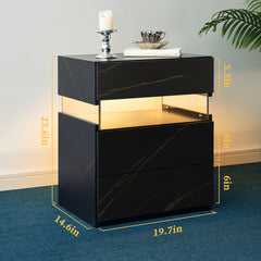 LED Nightstands 3 Drawer Dresser for Bedroom End Table with Acrylic Board LED Bedside Tables for Bedroom Living Room Bedside Furniture (Black+Gold)