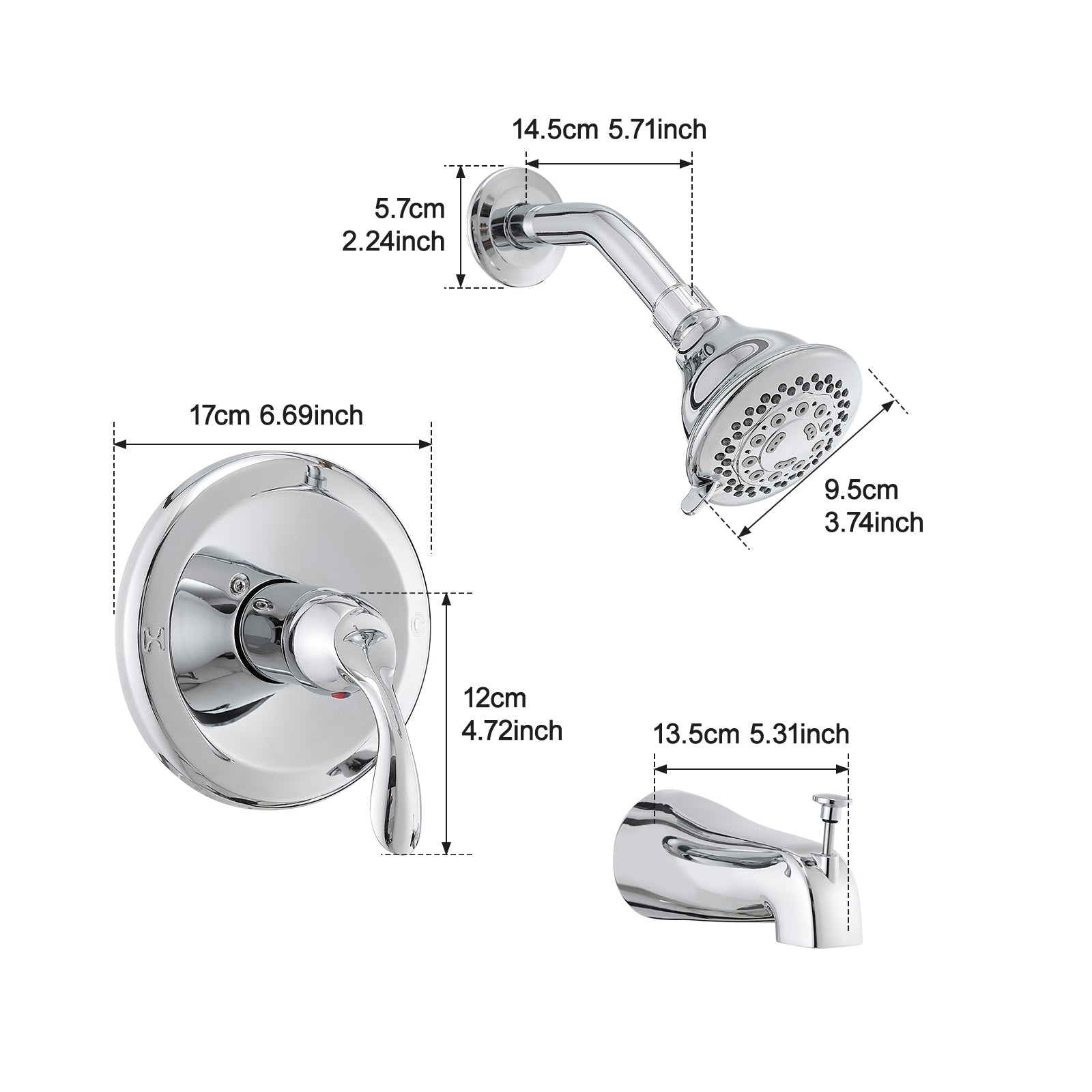 Chrome Finish Bathroom Shower Faucet Set with Tub Spout, 5-Spray Rain Shower Head & Pressure Balance Valve