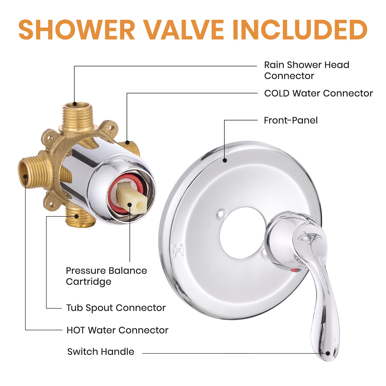 Chrome Finish Bathroom Shower Faucet Set with Tub Spout, 5-Spray Rain Shower Head & Pressure Balance Valve