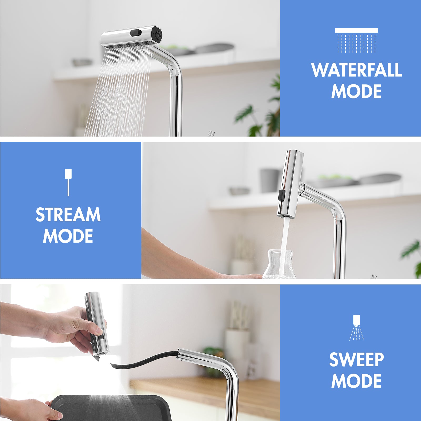 360° Rotation Pull-Down Kitchen Faucet with 3 Spray Modes -Chrome /Stainless Steel High-Arc Sink Faucet