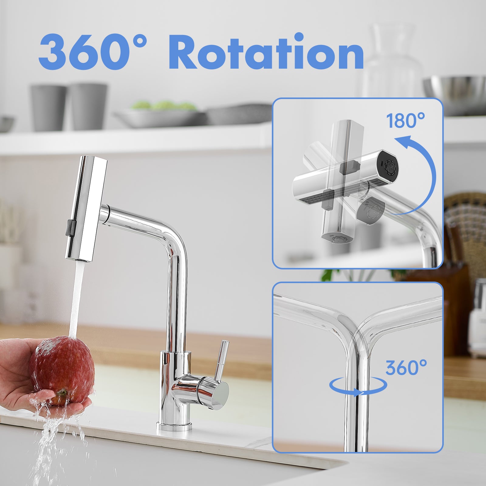 360° Rotation Pull-Down Kitchen Faucet with 3 Spray Modes -Chrome /Stainless Steel High-Arc Sink Faucet