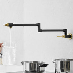 Brass Made Pot Filler, Black & Gold Pot Filler Faucet, Wall Mount Folding Kitchen Sink Pot Filler Faucets, Retractable Single Hole Pot Filler with Two Handles for Sink Stove