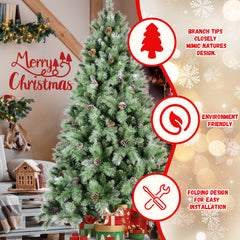 8FT Christmas Tree with 102 Pine Cones – 1858Tips, Mixed PVC & Hard Needle Branches, Hinged Structure for Easy Setup, Sturdy Metal Stand – Realistic Full Holiday Tree
