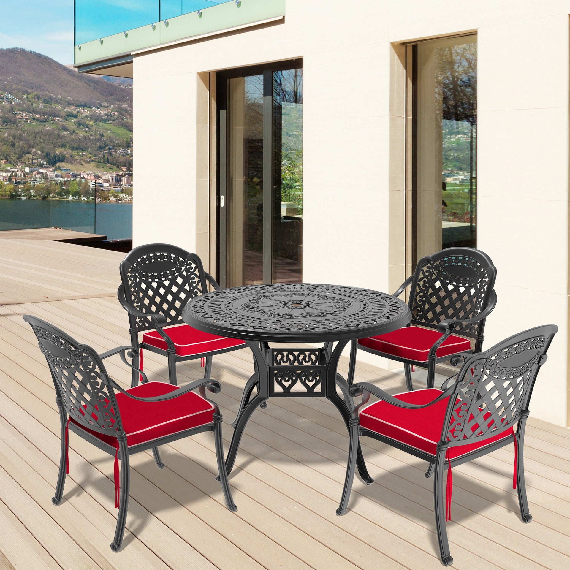 5-Piece Set Of Cast Aluminum Patio Furniture With Black Frame and Red Seat Cushions(same sku:W1710S00064)