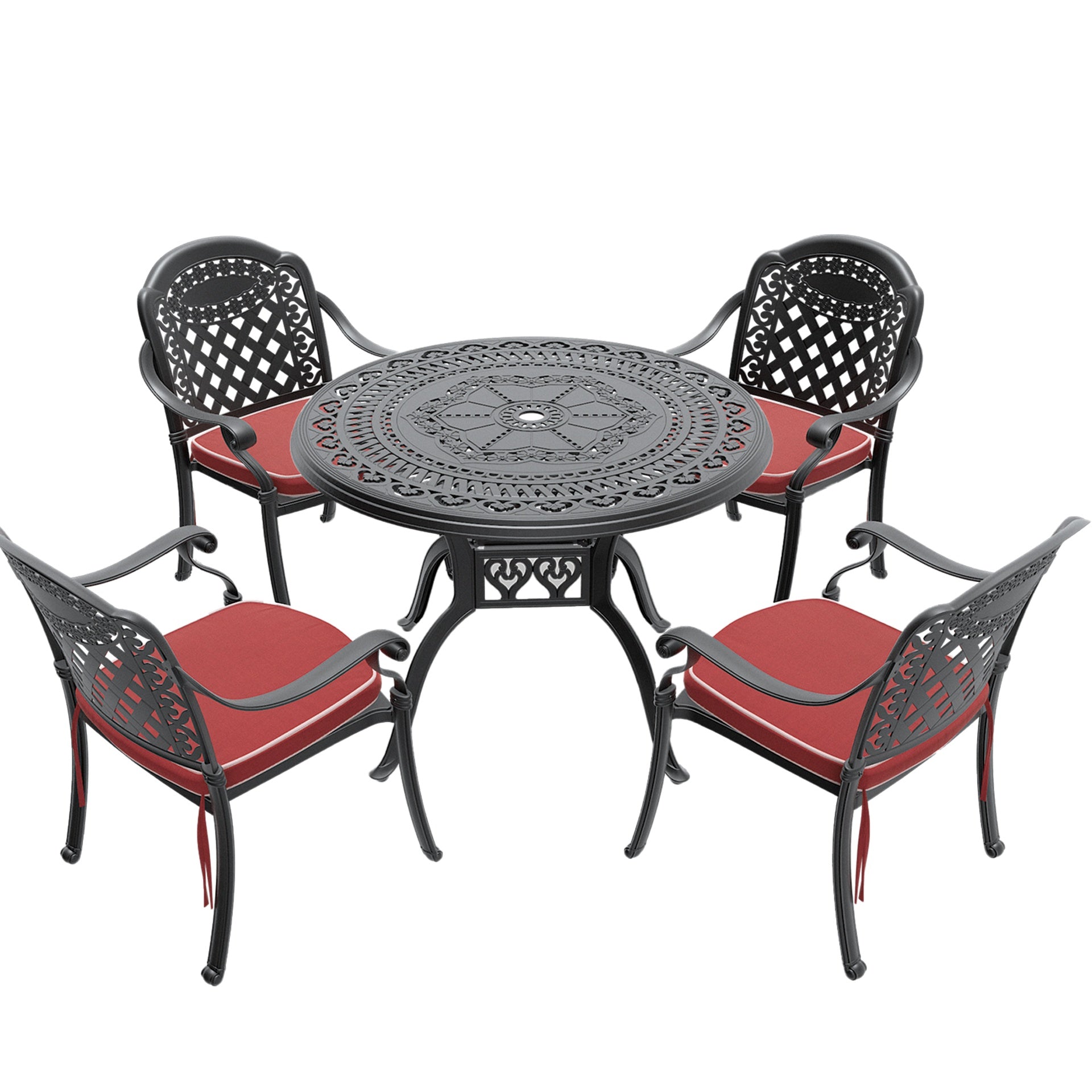 5-Piece Set Of Cast Aluminum Patio Furniture With Black Frame and Red Seat Cushions(same sku:W1710S00064)