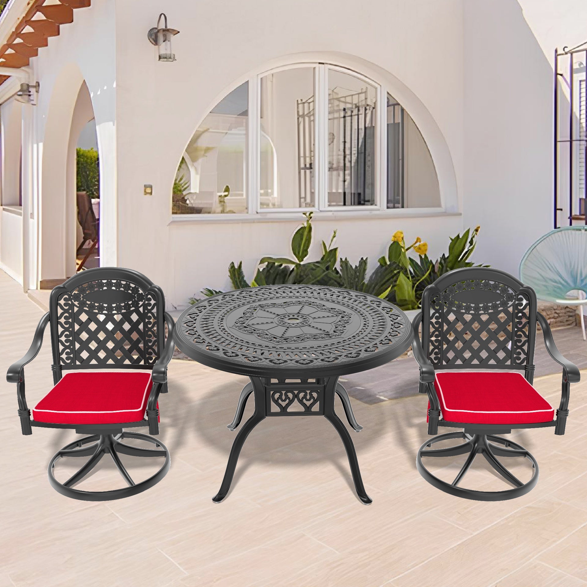 3-Piece All-Weather Cast Aluminum Dining Set, Include 2 Swivel Chairs and 39.37" Round Table With Black Frame