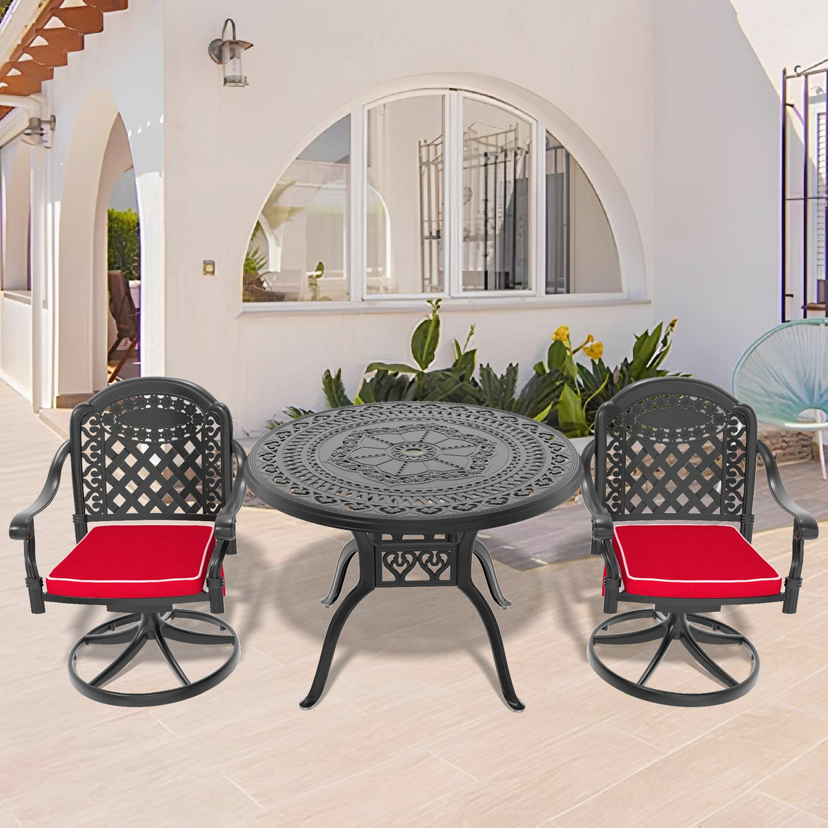 3-Piece All-Weather Cast Aluminum Dining Set, Include 2 Swivel Chairs and 39.37" Round Table With Black Frame