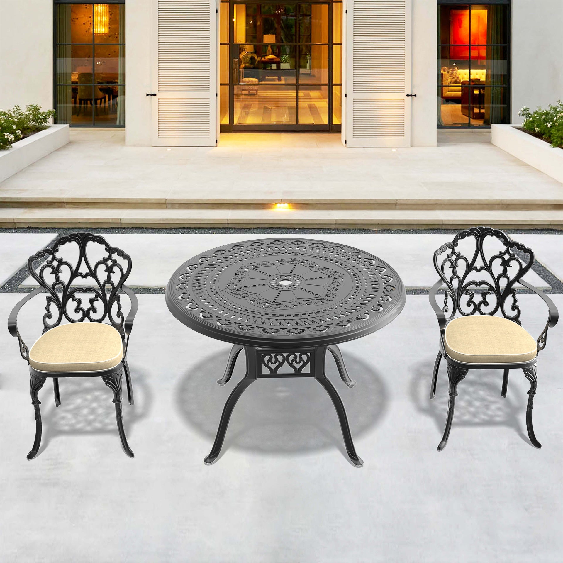 3-Piece Set Of Cast Aluminum Patio Furniture With Beige Cushions