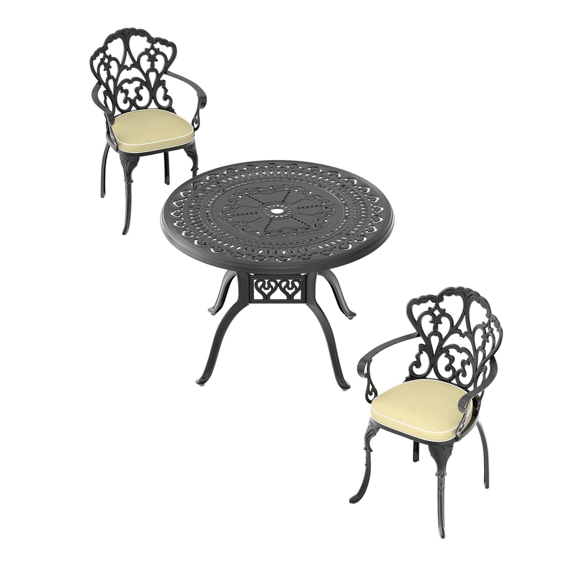 3-Piece Set Of Cast Aluminum Patio Furniture With Beige Cushions