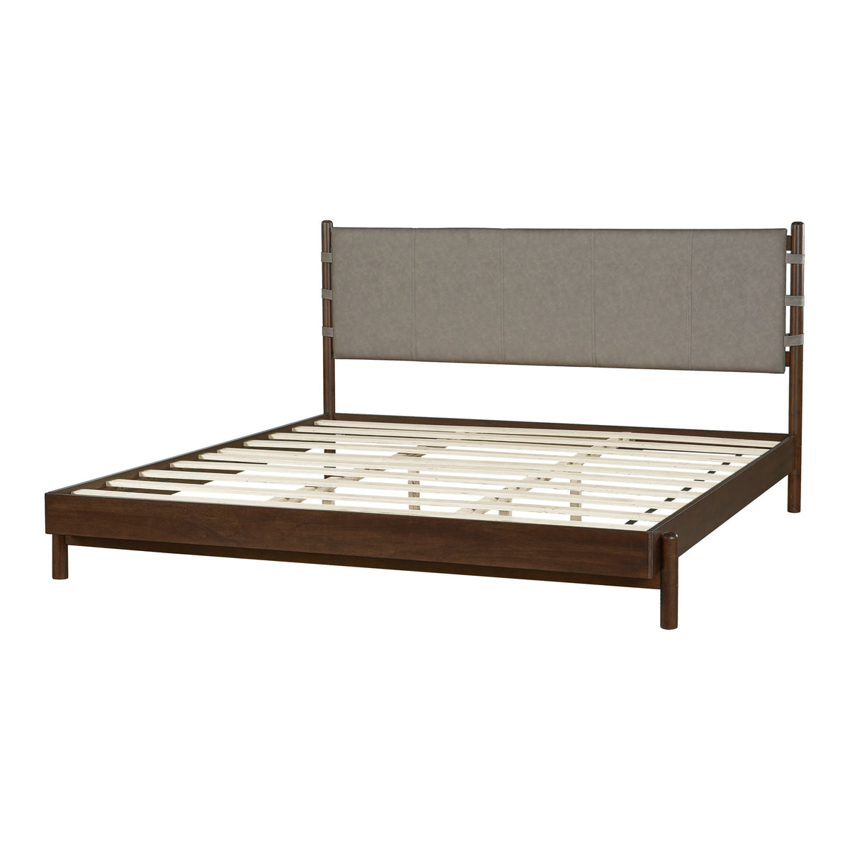 Premium Rubber Wood Platform Bed Frame, King Bed Frame with Headboard Included, Mid Century Modern Bed With Walnut+Light Grey Color