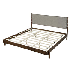 Premium Rubber Wood Platform Bed Frame, King Bed Frame with Headboard Included, Mid Century Modern Bed With Walnut+Light Grey Color