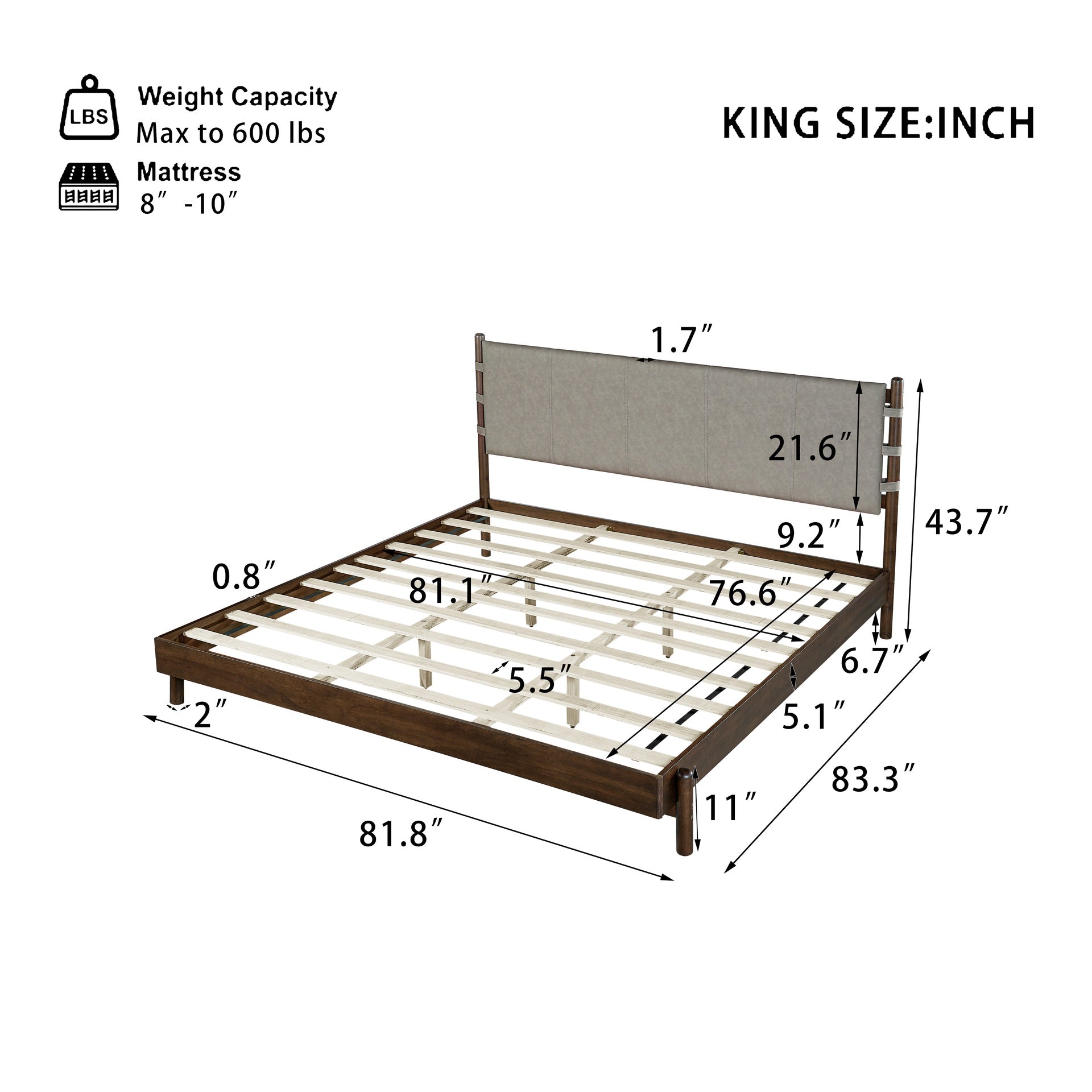 Premium Rubber Wood Platform Bed Frame, King Bed Frame with Headboard Included, Mid Century Modern Bed With Walnut+Light Grey Color