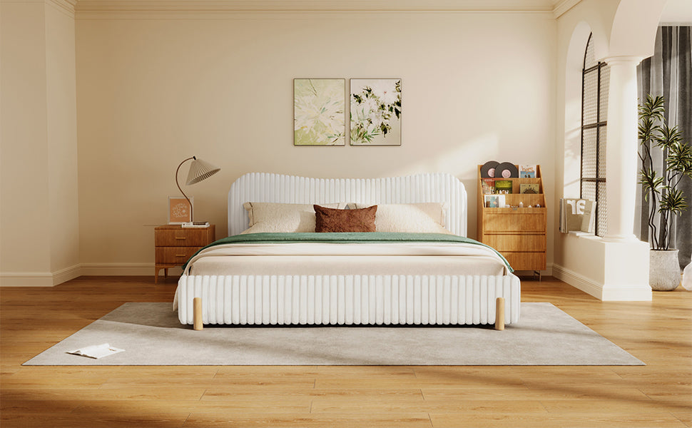 Sleek White Plush Upholstered Bed with Wavy Headboard & Vertical Stitching, King