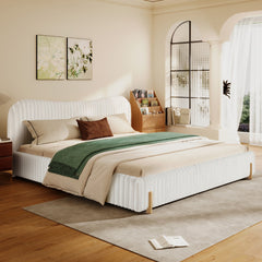 Sleek White Plush Upholstered Bed with Wavy Headboard & Vertical Stitching, King