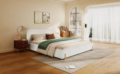 Sleek White Plush Upholstered Bed with Wavy Headboard & Vertical Stitching, King