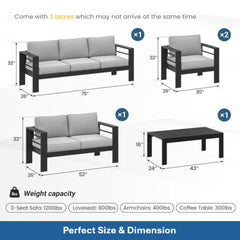 All-Weather 5-Piece Modern Metal Patio Furniture Set,  7-Seat Conversation Sofa with Thick Light Gray Cushions & Black Frame and Coffee Table