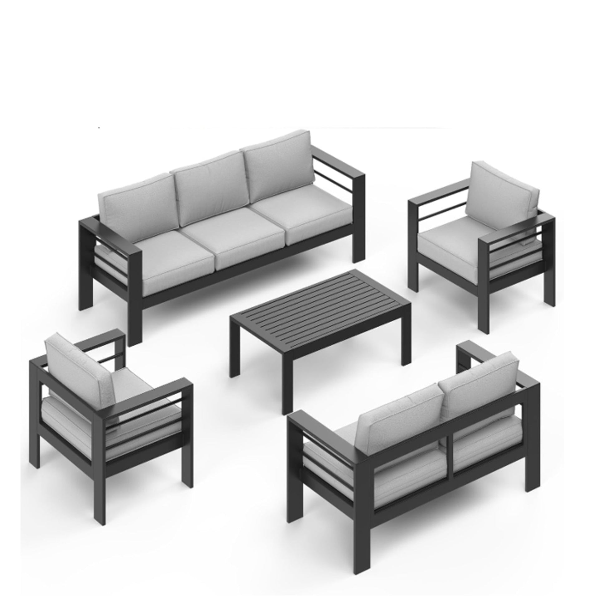 All-Weather 5-Piece Modern Metal Patio Furniture Set,  7-Seat Conversation Sofa with Thick Light Gray Cushions & Black Frame and Coffee Table
