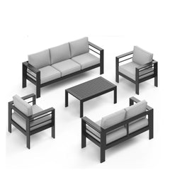 All-Weather 5-Piece Modern Metal Patio Furniture Set,  7-Seat Conversation Sofa with Thick Light Gray Cushions & Black Frame and Coffee Table