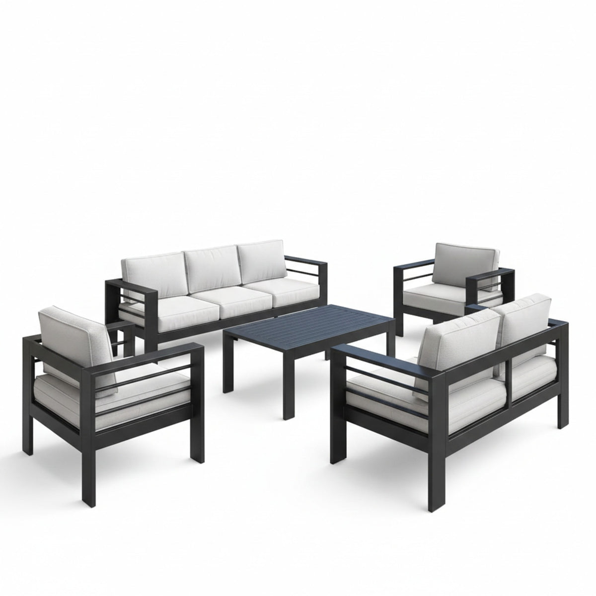All-Weather 5-Piece Modern Metal Patio Furniture Set,  7-Seat Conversation Sofa with Thick Light Gray Cushions & Black Frame and Coffee Table
