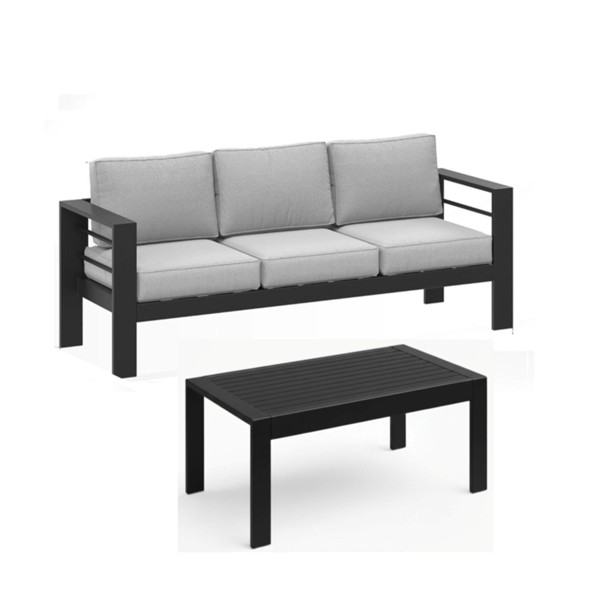 2 Pieces Outdoor Patio Set, All-Weather 75” 3-Seat Metal Patio Sofa Couch with Thick Light Gray Cushions, Black Frame and 43” Coffee Table