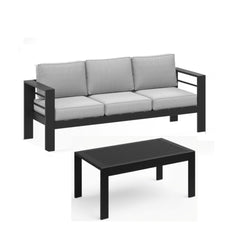 2 Pieces Outdoor Patio Set, All-Weather 75” 3-Seat Metal Patio Sofa Couch with Thick Light Gray Cushions, Black Frame and 43” Coffee Table