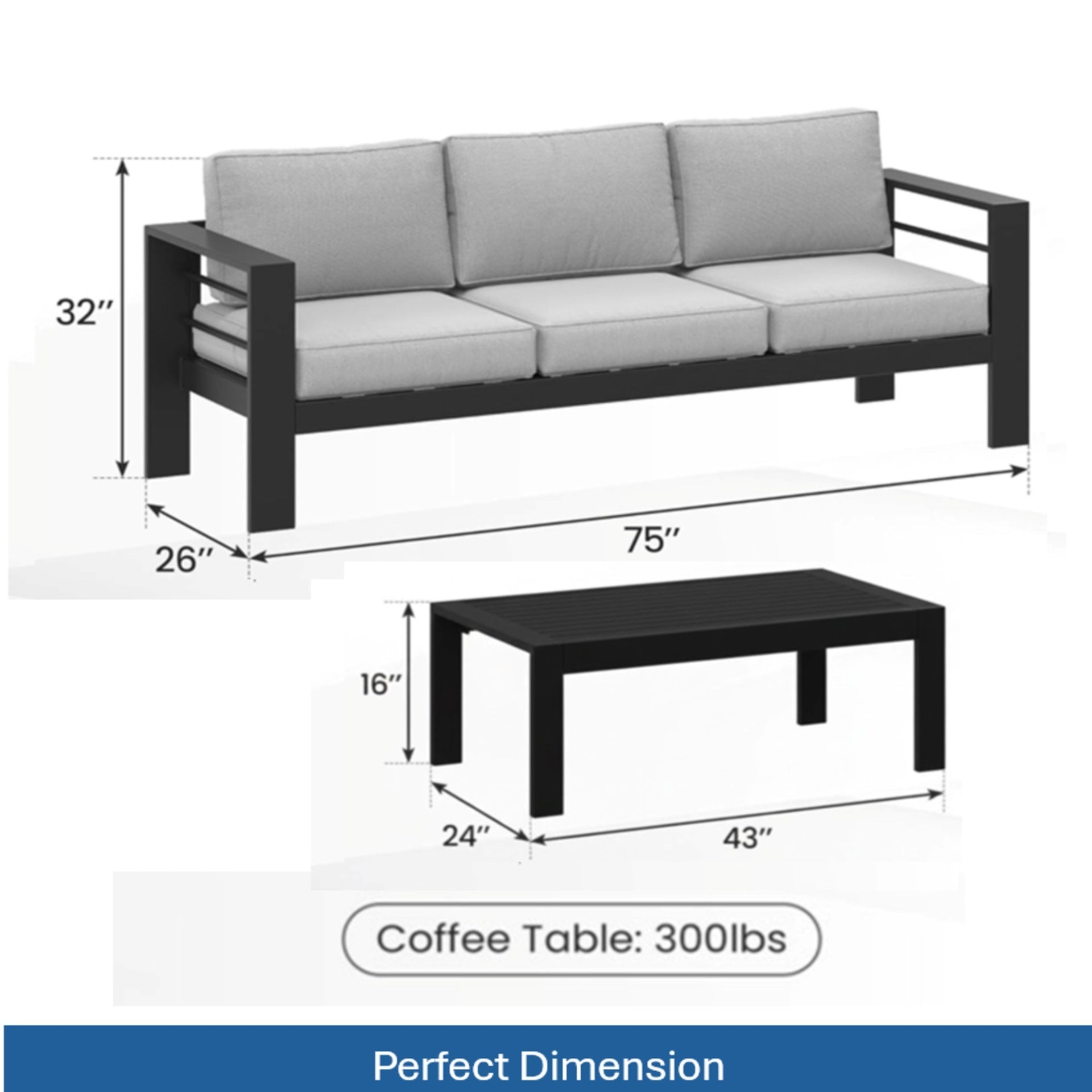 2 Pieces Outdoor Patio Set, All-Weather 75” 3-Seat Metal Patio Sofa Couch with Thick Light Gray Cushions, Black Frame and 43” Coffee Table