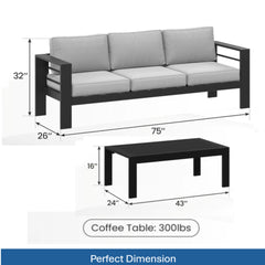 2 Pieces Outdoor Patio Set, All-Weather 75” 3-Seat Metal Patio Sofa Couch with Thick Light Gray Cushions, Black Frame and 43” Coffee Table
