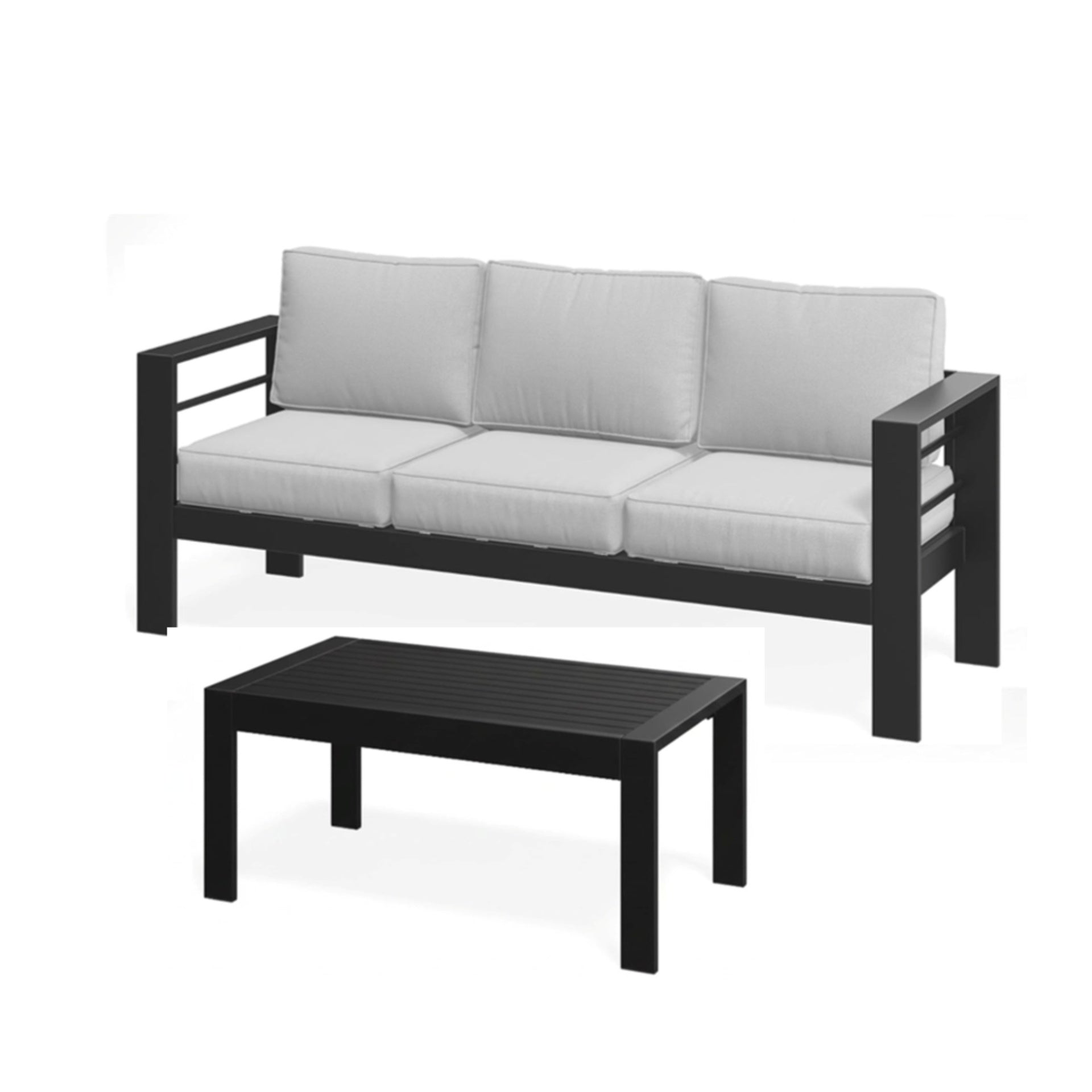 2 Pieces Outdoor Patio Set, All-Weather 75” 3-Seat Metal Patio Sofa Couch with Thick Light Gray Cushions, Black Frame and 43” Coffee Table