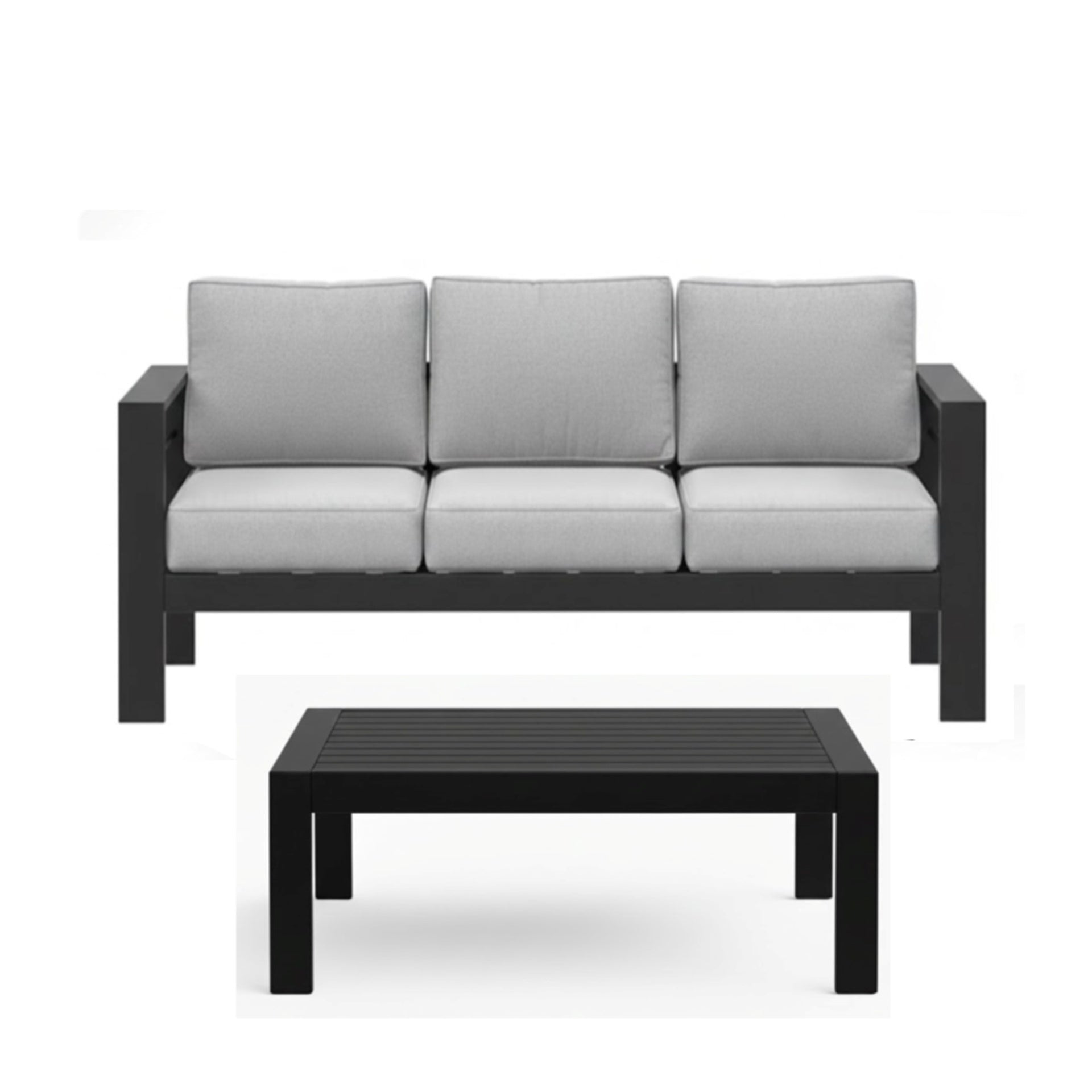 2 Pieces Outdoor Patio Set, All-Weather 75” 3-Seat Metal Patio Sofa Couch with Thick Light Gray Cushions, Black Frame and 43” Coffee Table