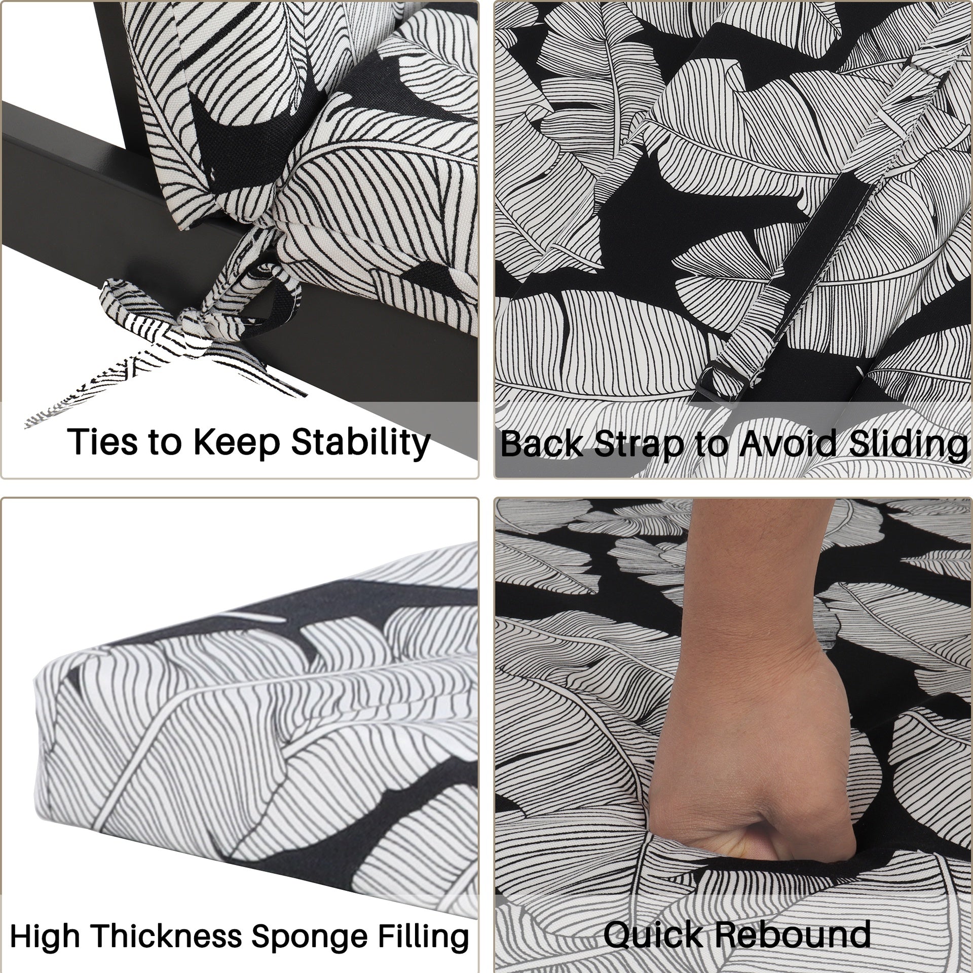 2 Pcs Set Indoor/Outdoor Chaise Lounge Chair Cushion Outdoor Furniture Cushion with Ties, Patio Seat Cushion for Lawn,Pool & Beach,75" x 22.8" x 2" (Black/Leaf)
