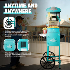 Popcorn Machine with Cart ,Wheels & 10 Oz Kettle Popcorn Maker  Measuring 3 plastic spoon Home Theater Popcorn Machine-Cyan