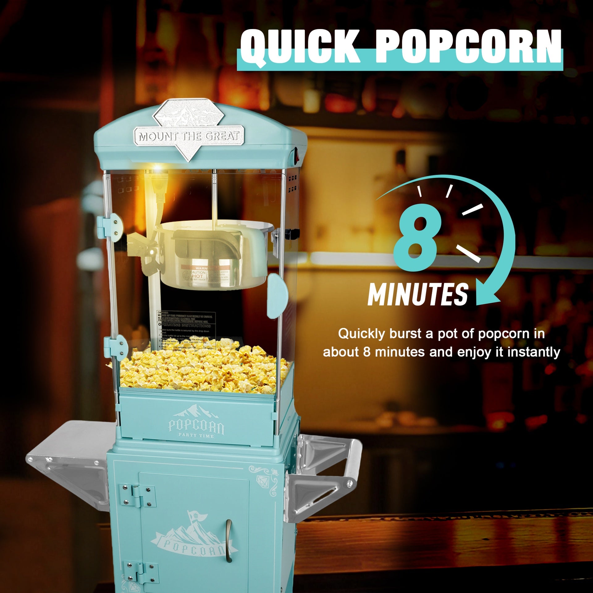 Popcorn Machine with Cart ,Wheels & 10 Oz Kettle Popcorn Maker  Measuring 3 plastic spoon Home Theater Popcorn Machine-Cyan