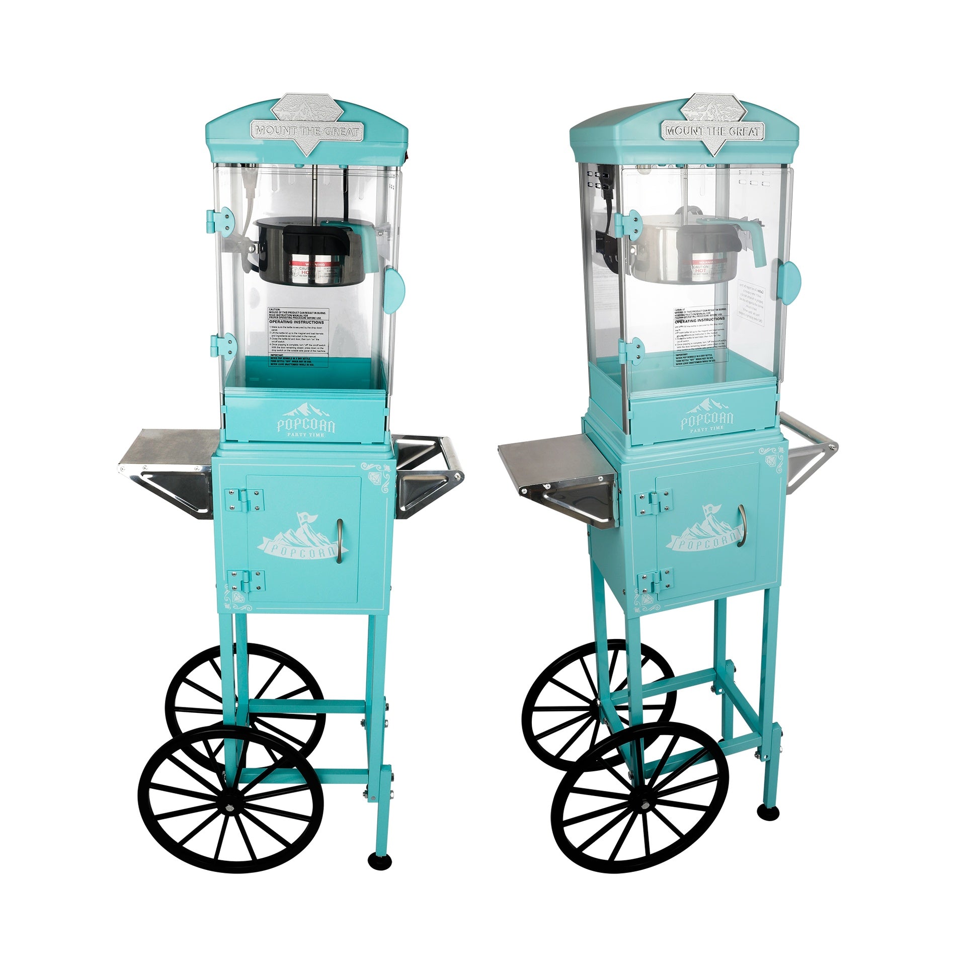 Popcorn Machine with Cart ,Wheels & 10 Oz Kettle Popcorn Maker  Measuring 3 plastic spoon Home Theater Popcorn Machine-Cyan