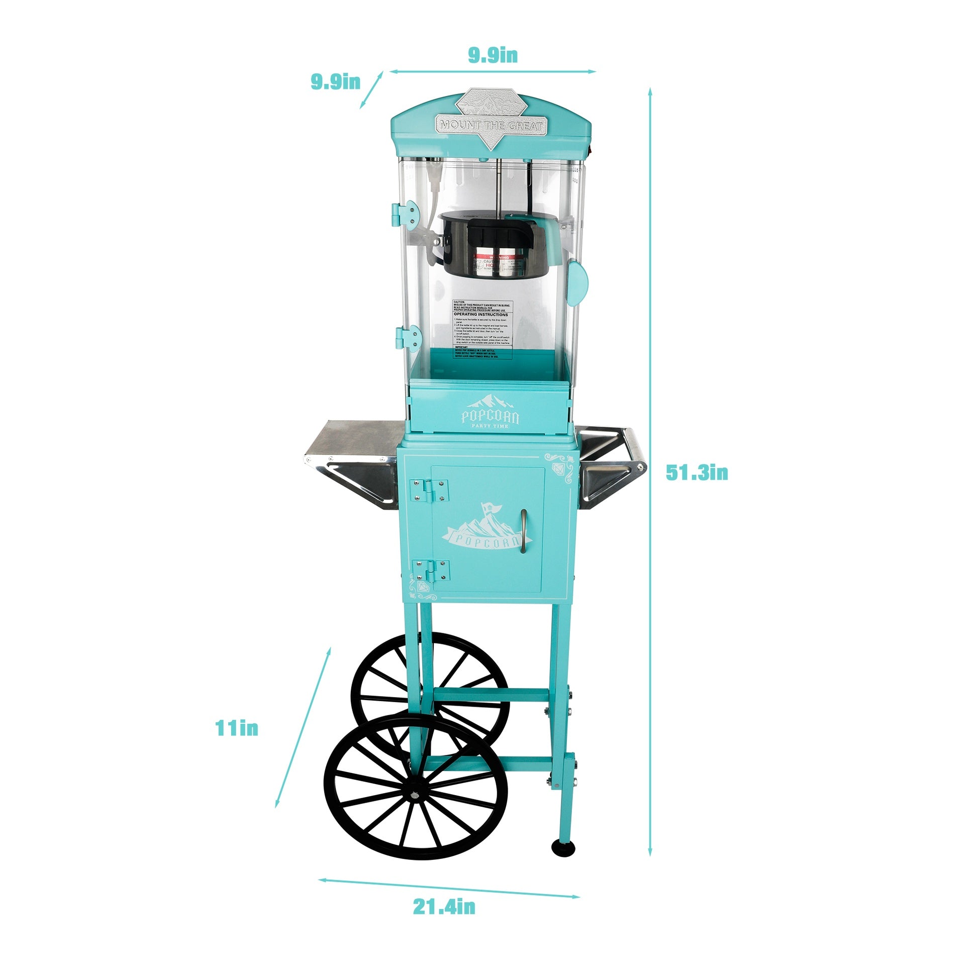 Popcorn Machine with Cart ,Wheels & 10 Oz Kettle Popcorn Maker  Measuring 3 plastic spoon Home Theater Popcorn Machine-Cyan