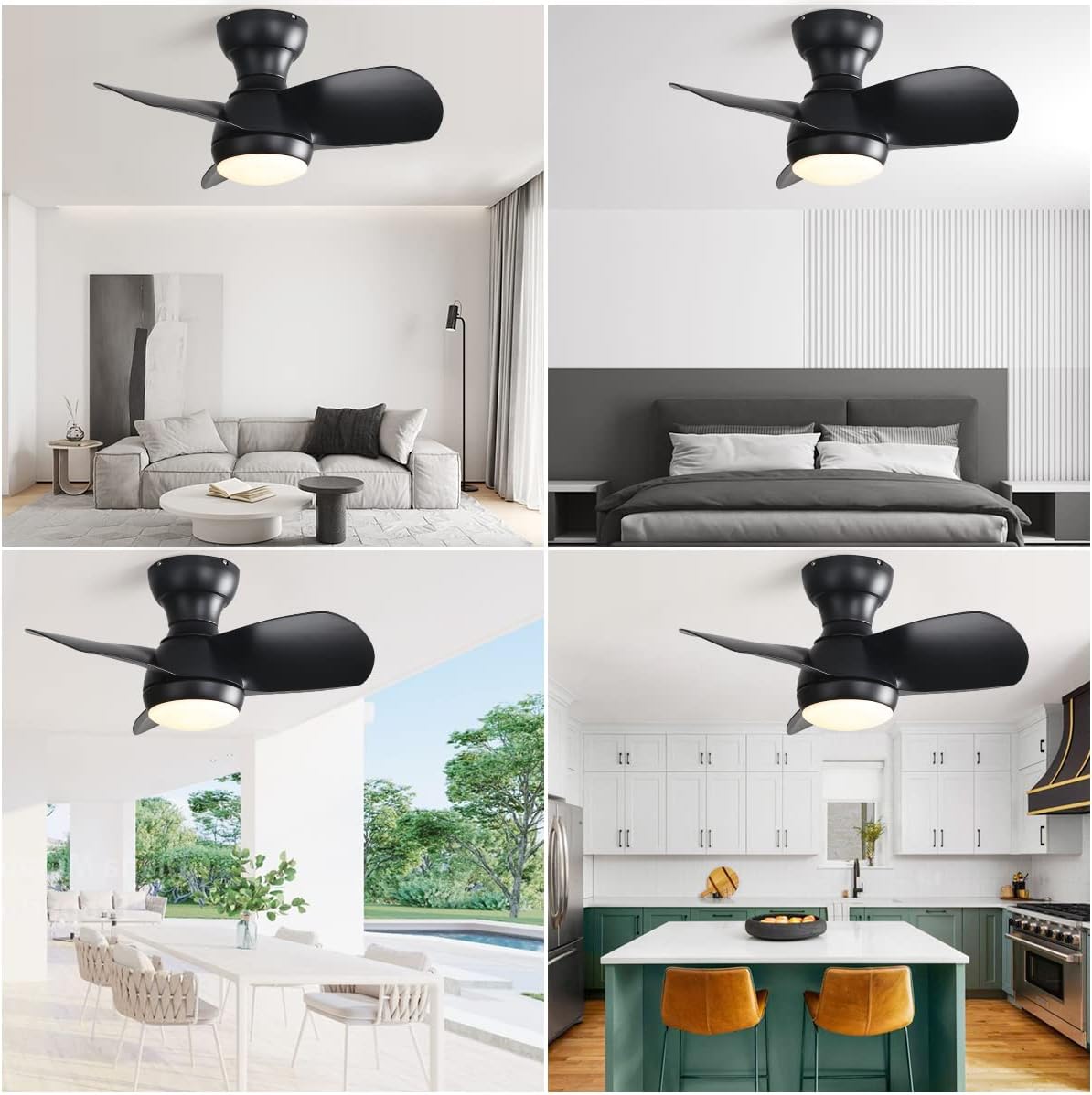 23 Inch Bedroom Ceiling Fan With 3 ABS Blades Remote Control DC Motor Black With 18W Led Light